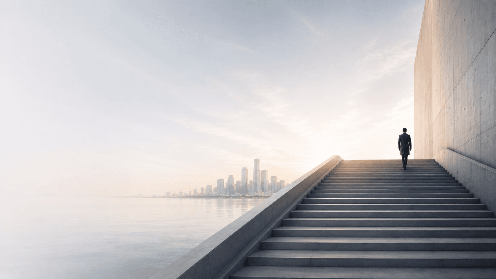 A person walking up monumental concrete stairs toward a bright city skyline.